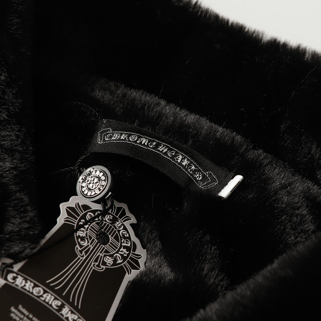 Chrome Hearts Faux Fur Cross Varsity Jacket - Black White Gothic Streetwear 035
